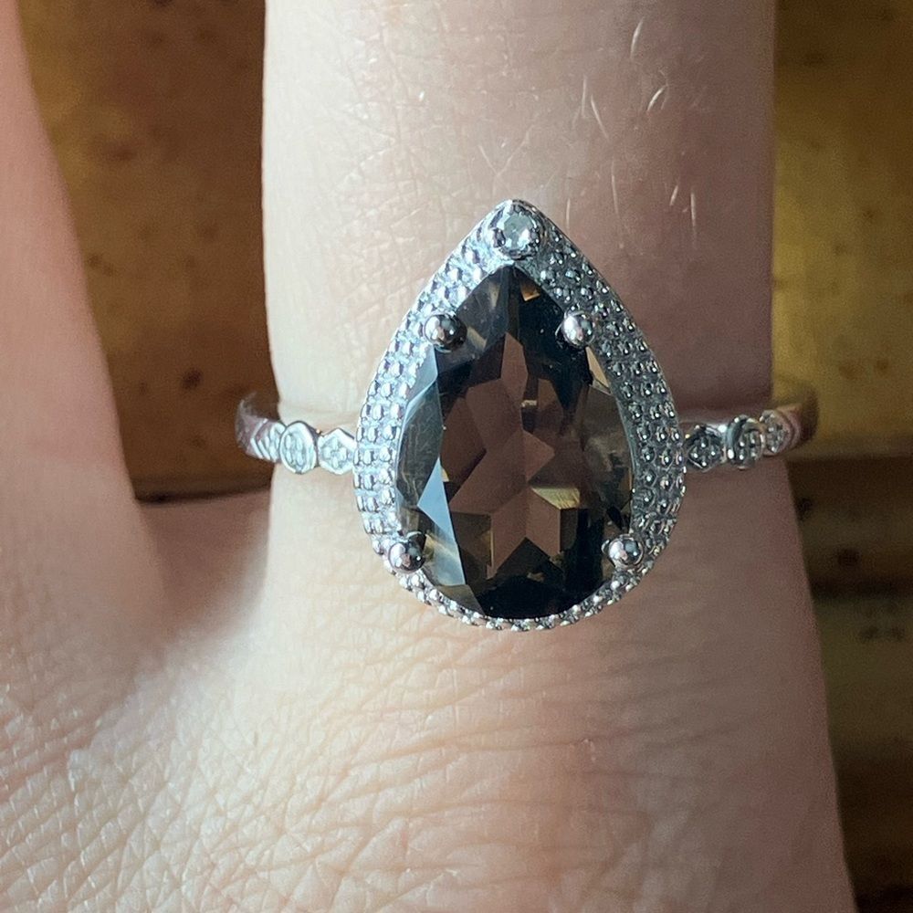 Natural Smoky Quartz White Diamond Sterling Silver Ring Size 8.75